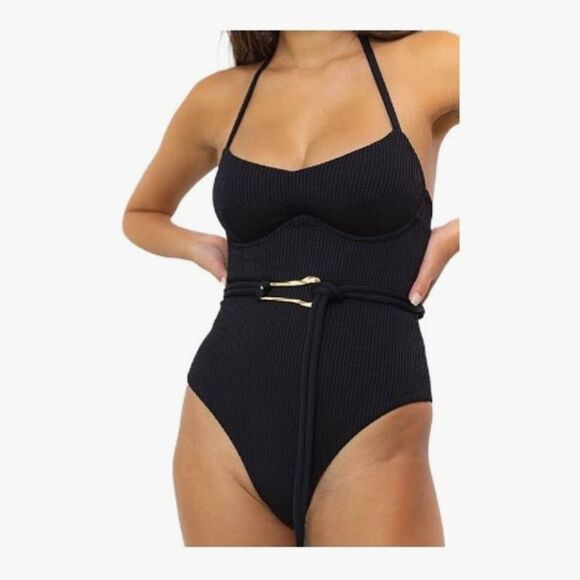 NWT Revel Rey Solana Waffle Knit Belted Halter One Piece Swimsuit XS - Picture 2 of 10